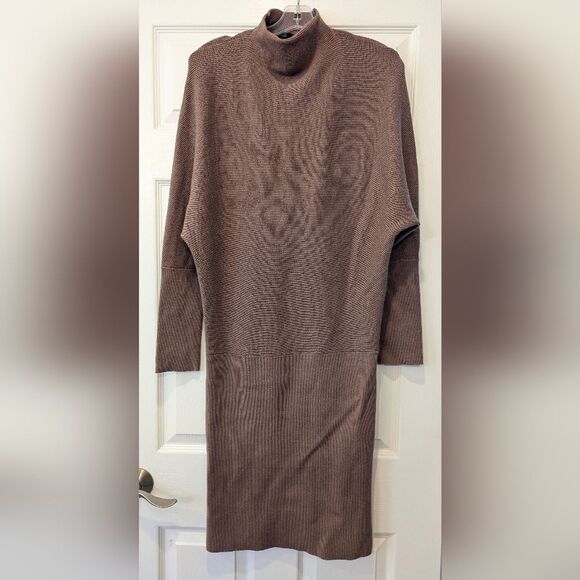 Anna Cai Brown Midi knit sweater Dress turtle neck cozy Dolman Sleeves size L - Picture 2 of 8